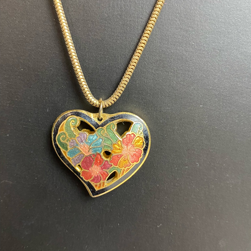 Cloisonn Puffy Cutout Heart Shaped Pendant Necklace 15” Floral Design
